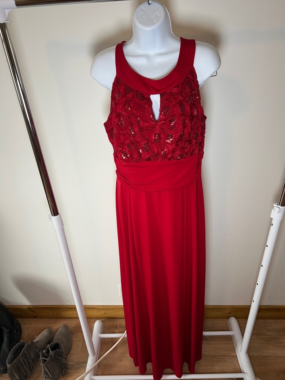 Enfocus Studio Red Sequin Bodice Maxi Dress with Keyhole Neckline